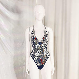 Women's Pink & Gold Mirrored Halterneck Dance Bodysuit