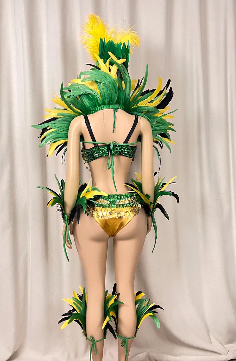 Carnival Samba Dance Costume Adult Female Green Yellow Black Sequin Feather Rhinestone Bra Bottom Set