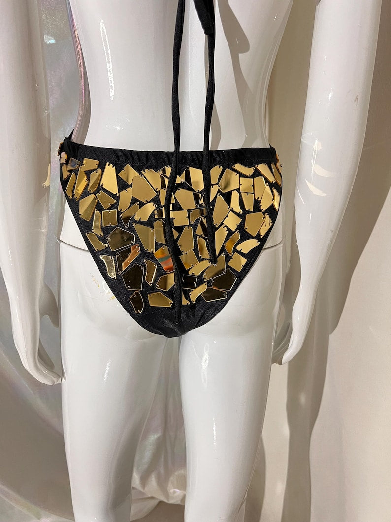 Dance Bodysuit Women's Gold Mirrored Halter Disco Style