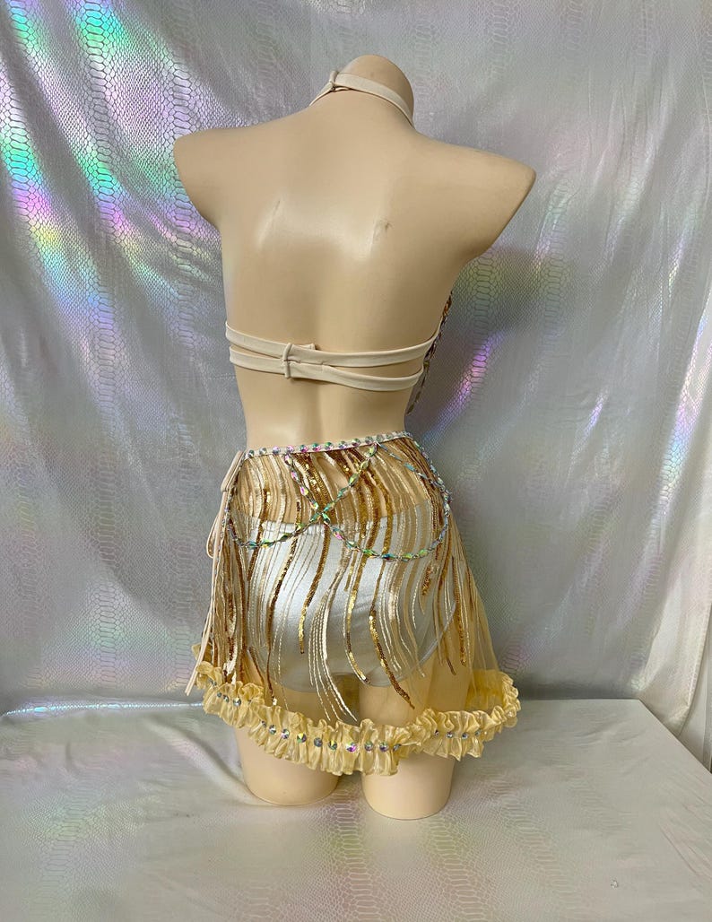 Women's Gold Sequin Halter Top & Mini Skirt Set with Rhinestone Chains, Belly Dance Costume