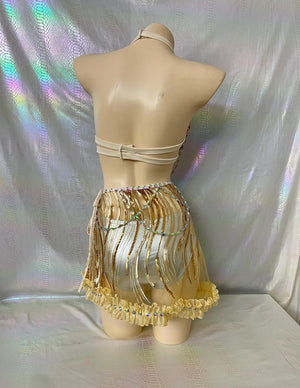 Women's Gold Sequin Halter Top & Mini Skirt Set with Rhinestone Chains, Belly Dance Costume