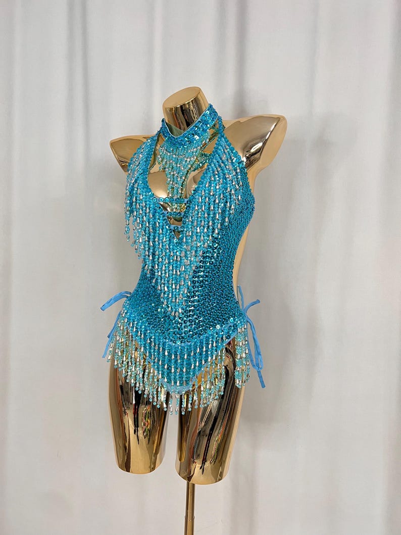 Women's Teal Sequin Beaded Fringe Halter Neck Latin Dance Bodysuit