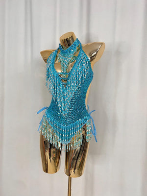 Women's Teal Sequin Beaded Fringe Halter Neck Latin Dance Bodysuit