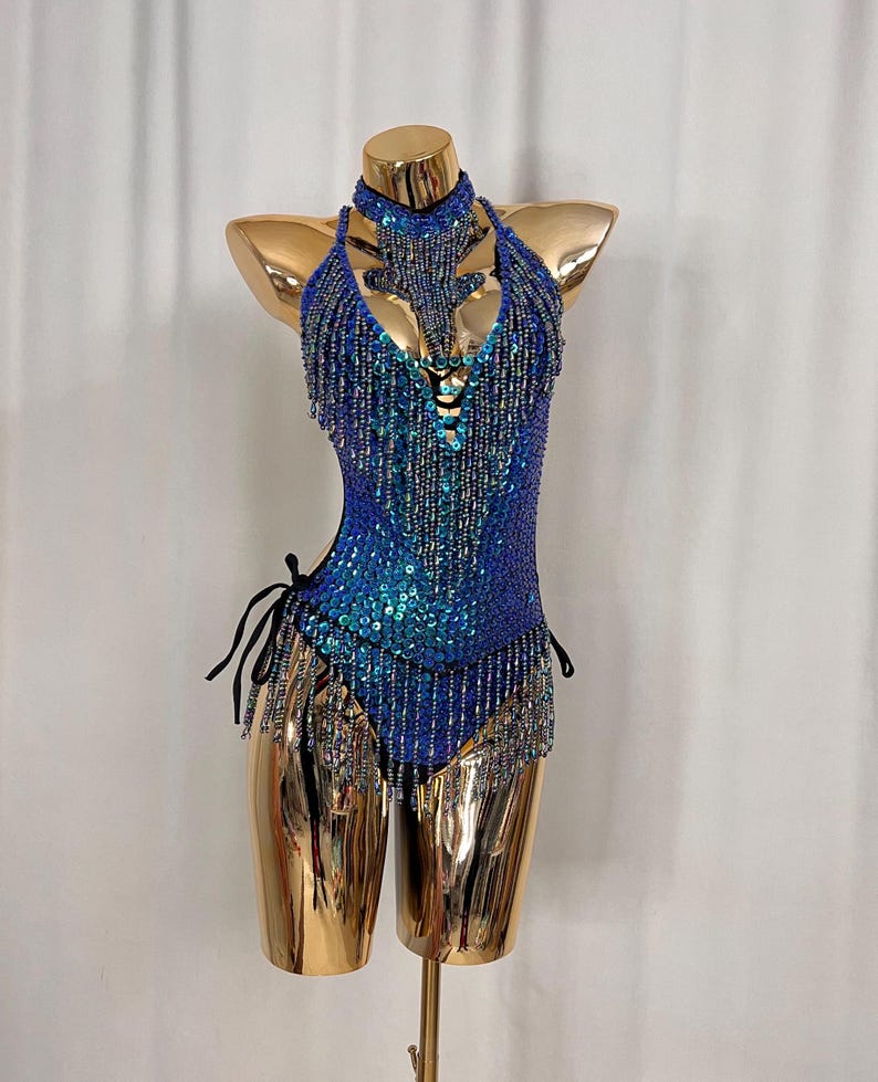 Women's Blue Sequin Beaded Fringe Halterneck Latin Dance Leotard