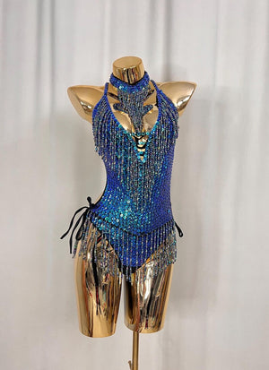 Women's Blue Sequin Beaded Fringe Halterneck Latin Dance Leotard