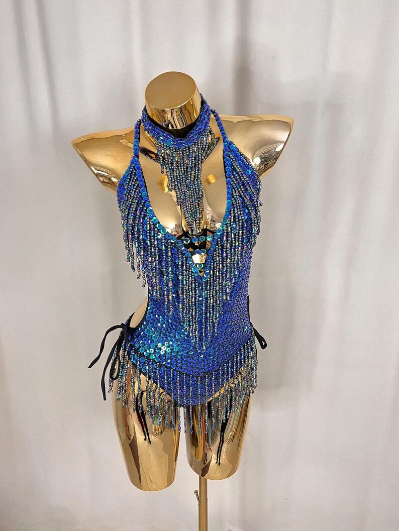 Women's Blue Sequin Beaded Fringe Halterneck Latin Dance Leotard