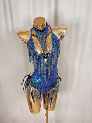 Women's Blue Sequin Beaded Fringe Halterneck Latin Dance Leotard