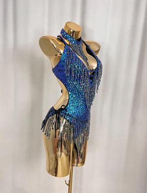 Women's Blue Sequin Beaded Fringe Halterneck Latin Dance Leotard