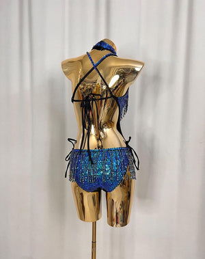 Women's Blue Sequin Beaded Fringe Halterneck Latin Dance Leotard