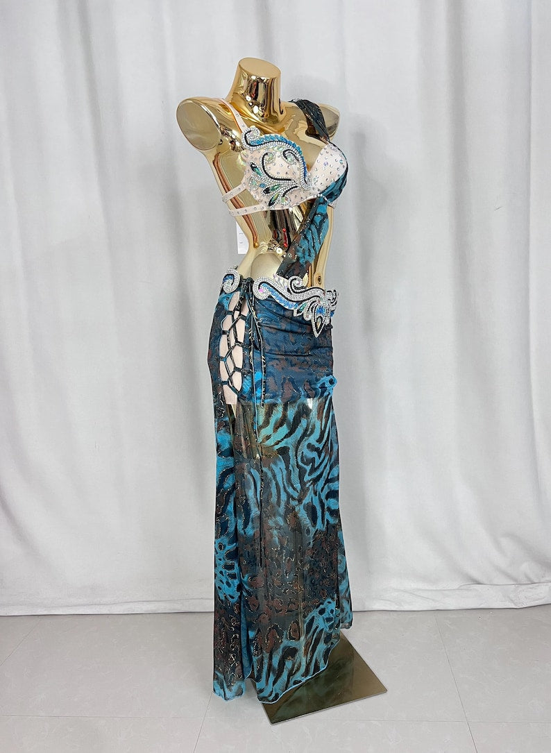 Belly Dance Costume Women's Blue & Black Animal Print Chiffon & Sequin Bra Top with Embellished Hip Scarf & Skirt Set