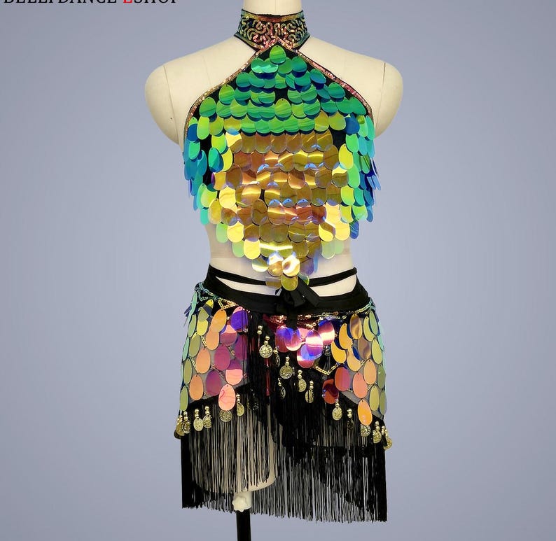 Women's Iridescent Sequin Halter Crop Top & Fringe Skirt Set - Belly Dance Costume