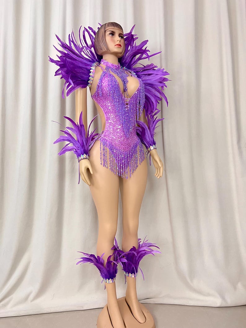 Women's Purple Feathered Sequin Beaded Fringe Leotard with Arm Cuffs and Ankle Cuffs for Samba Dance