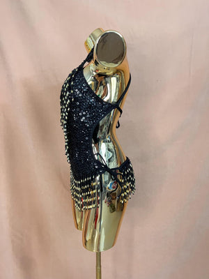 Dancewear Women's Black & Gold Sequin Beaded Fringe Halter Bodysuit