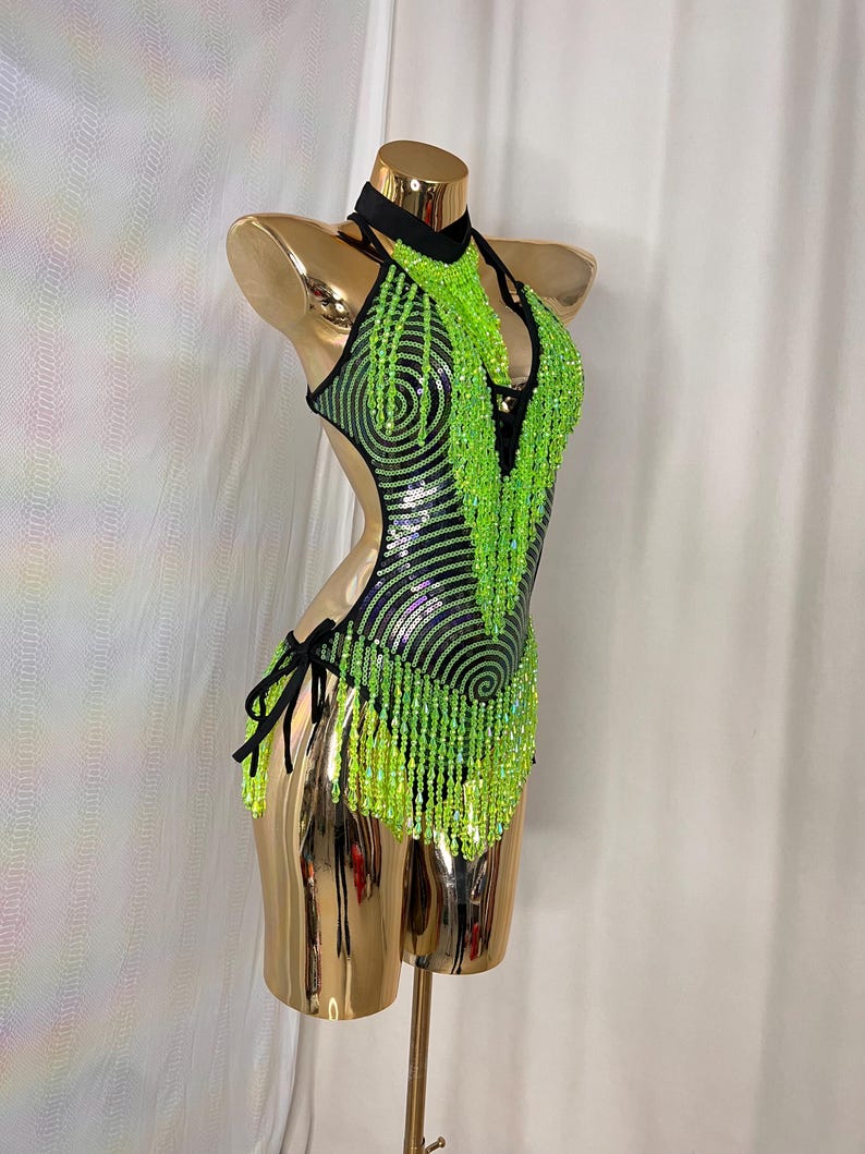 Women's Neon Green Sequin Beaded Fringe Halter Neck Dance Leotard