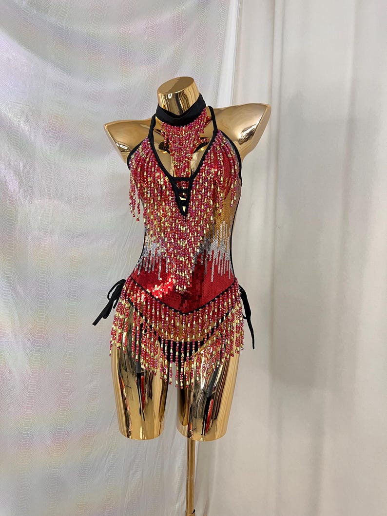Women's Neon Green Sequin Beaded Fringe Halter Neck Dance Leotard