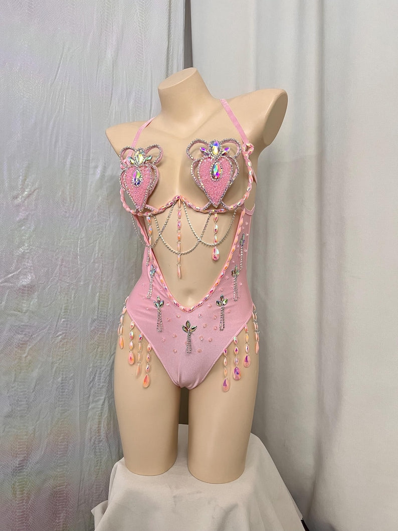 Women's Pink Sequin Beaded Rhinestone Halter Bodysuit Rave Dancewear