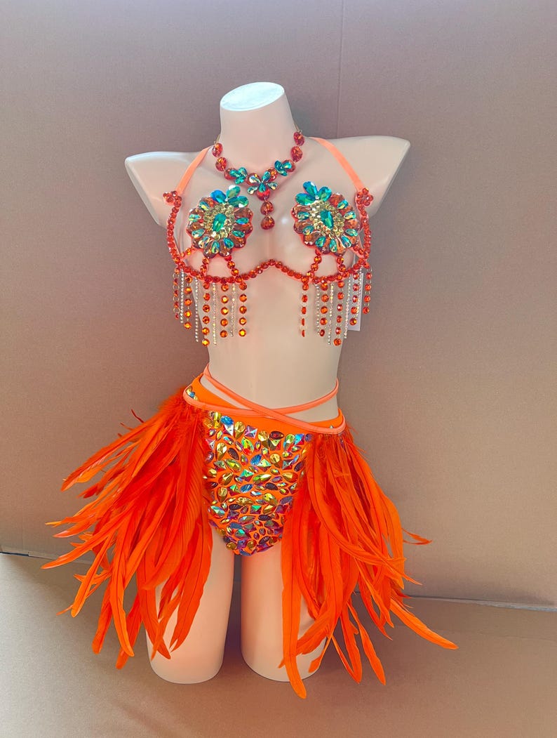 Carnival Women's Orange Feathered Sequin Rhinestone Halter Top and Skirt Set Samba Dance Costume