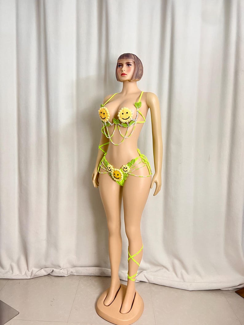 Women's Neon Green Crochet Smiley Face Beaded Rave Dancewear Set