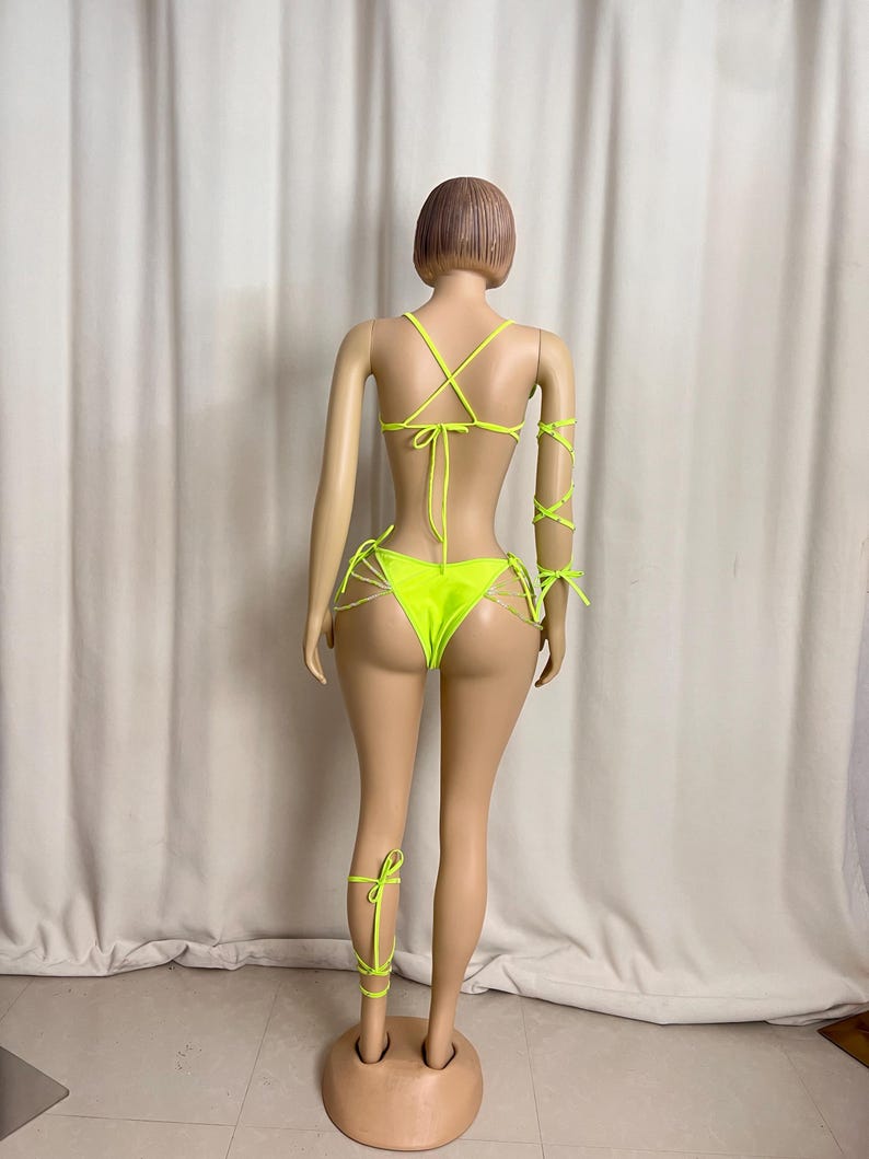 Women's Neon Green Crochet Smiley Face Beaded Rave Dancewear Set