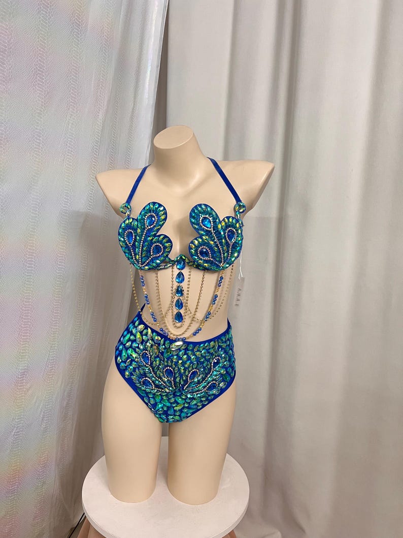 Women's Blue Sequin Feathered Halter Neck Rhinestone Bra & Briefs Set for Carnival Dance