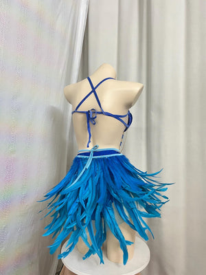Women's Blue Sequin Feathered Halter Neck Rhinestone Bra & Briefs Set for Carnival Dance