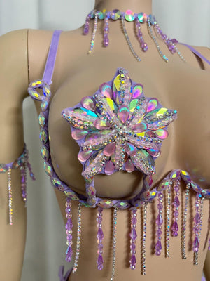 Women's Lavender Sequin & Rhinestone Fringe Bra & Thong Set with Arm & Leg Bands, Burlesque/Rave Dancewear