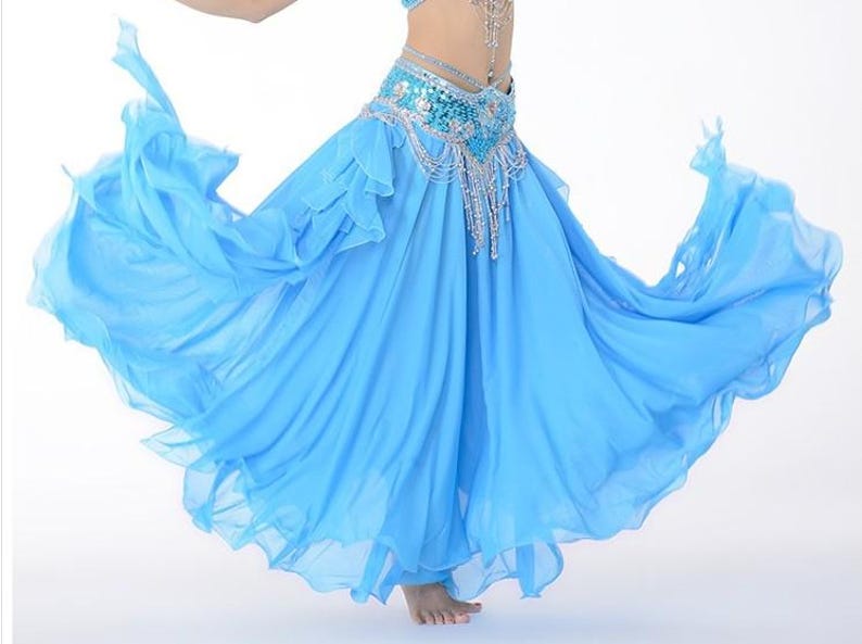 Belly Dance Women's Sky Blue Chiffon Ruffled Skirt with Sequin and Beaded Hip Scarf