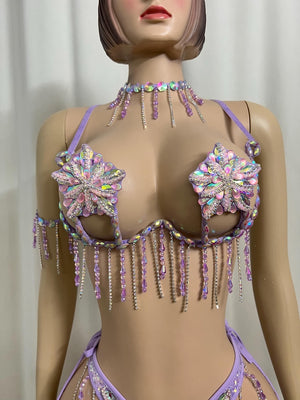 Women's Lavender Crystal Beaded Fringe Rave Dance Costume Set