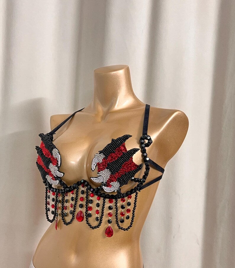 Dance Bra Top, Women's Black and Red Sequin Beaded Claw Fringe Belly Dance Costume