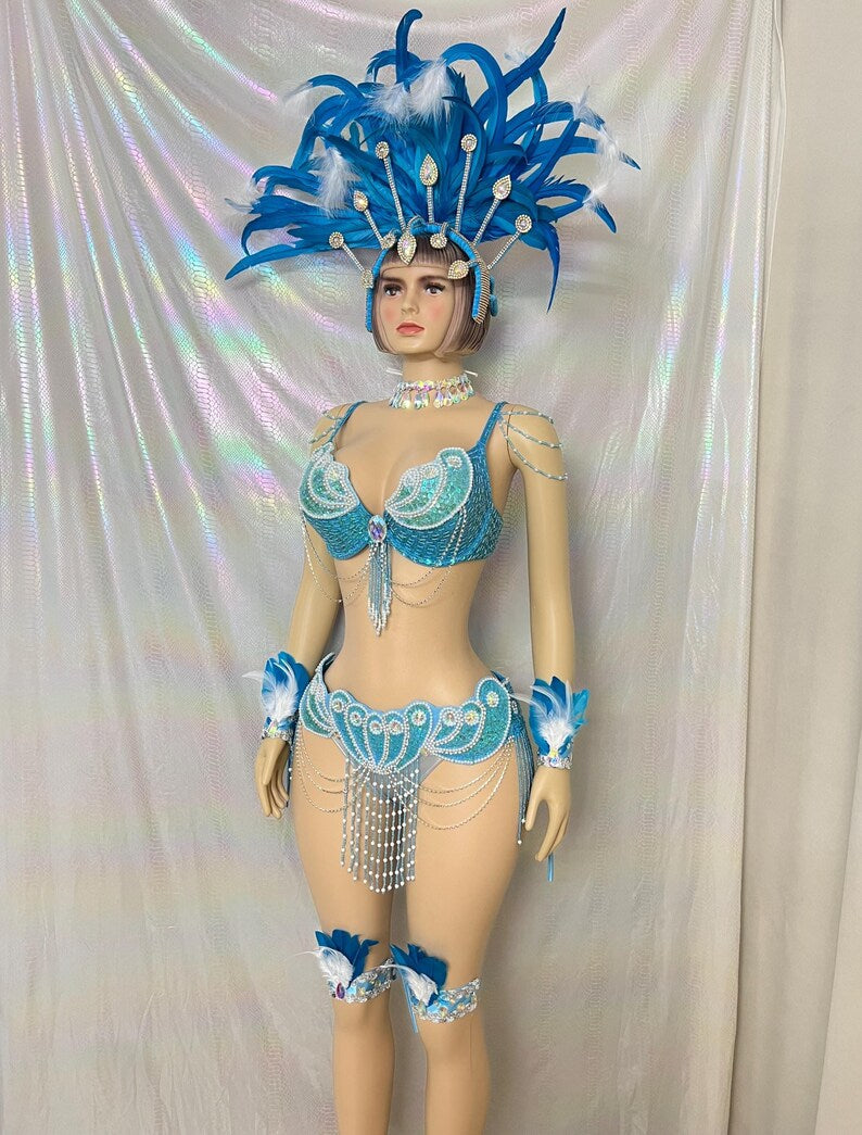Carnival Samba Dance Costume, Women's Blue & White Sequin Feathered Headdress Bra Skirt Set, Latin Dancewear