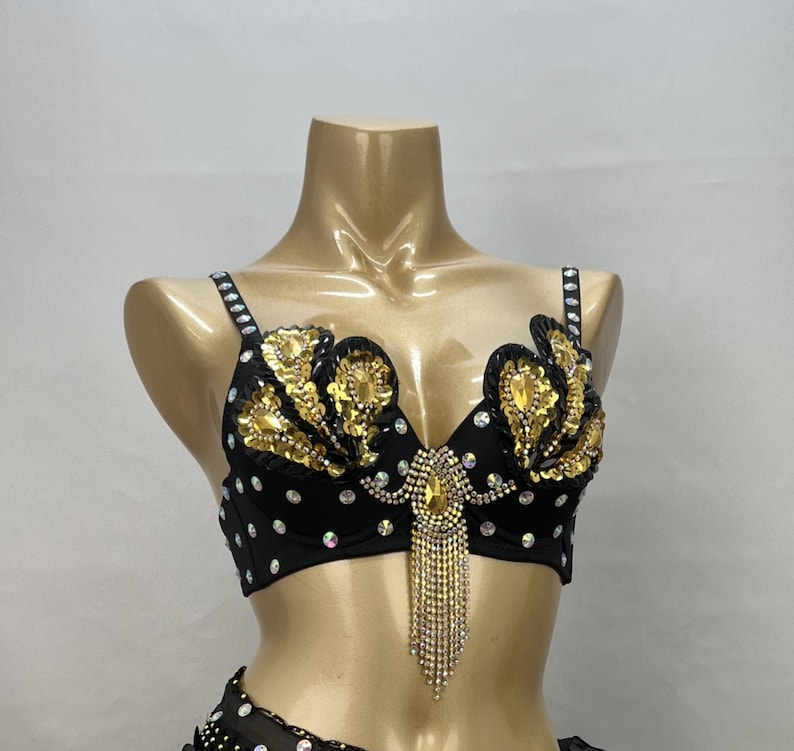 Belly Dance Bra, Women's Teal Embellished Sequin Rhinestone Peacock Design Fringe, Tribal Dance
