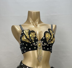 Belly Dance Bra, Women's Teal Embellished Sequin Rhinestone Peacock Design Fringe, Tribal Dance