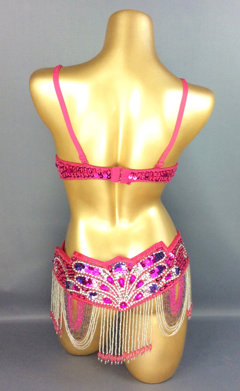 Belly Dance Costume Women's Hot Pink Sequin & Bead Embellished Bra & Belt Set with Dangling Chains, Professional Performance Wear