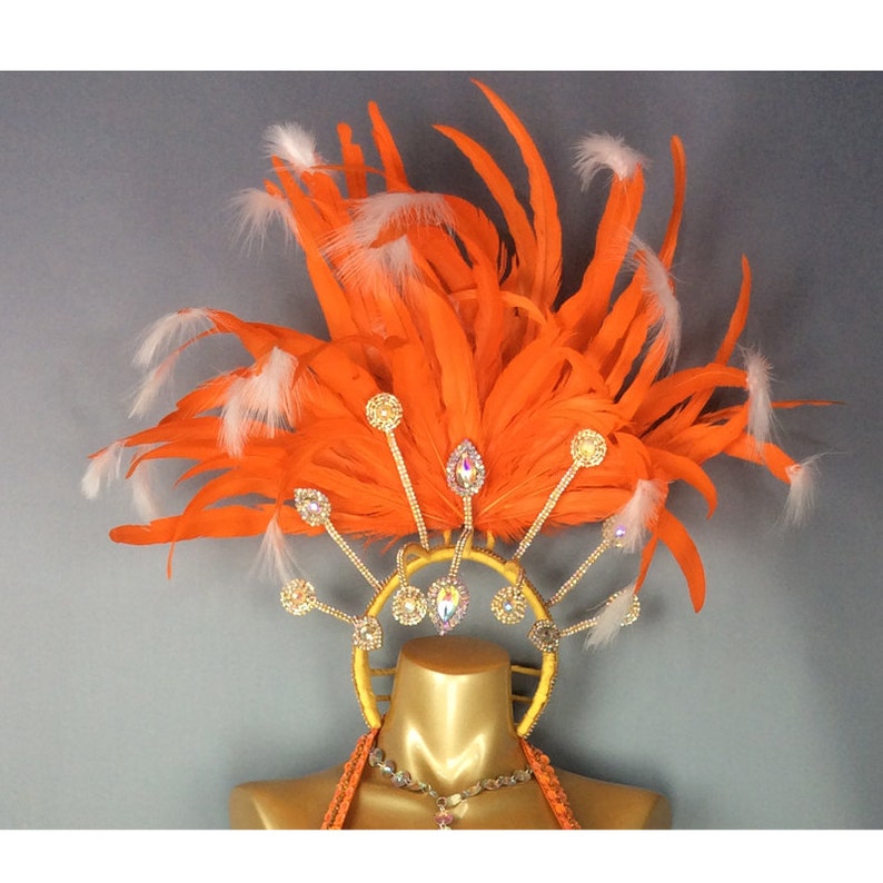 Carnival Samba Dance Costume Women's Orange Beaded Fringe Sequin Halter Bra and Skirt Set with Feather Headpiece