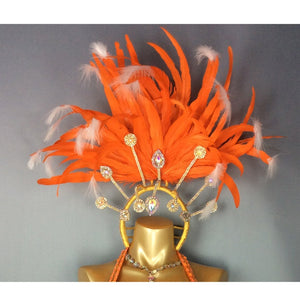 Carnival Samba Dance Costume Women's Orange Beaded Fringe Sequin Halter Bra and Skirt Set with Feather Headpiece