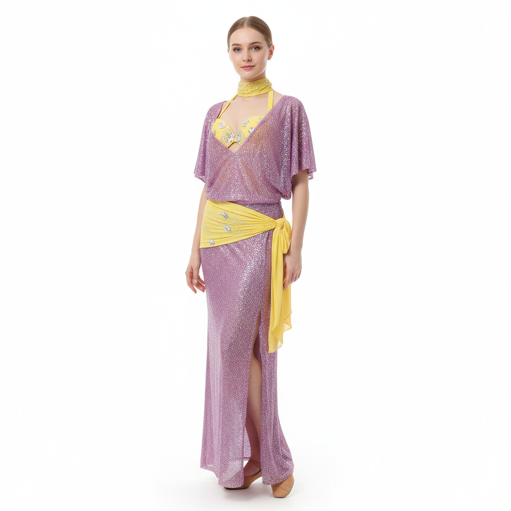 Women's Belly Dance Baladi Saidi Costume Dress Set With Bra, Glitter Fabric For Group Performance