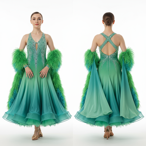 Women's Ballroom Competition Dance Dress With Feather Trim In Stretch Fabric For Performance