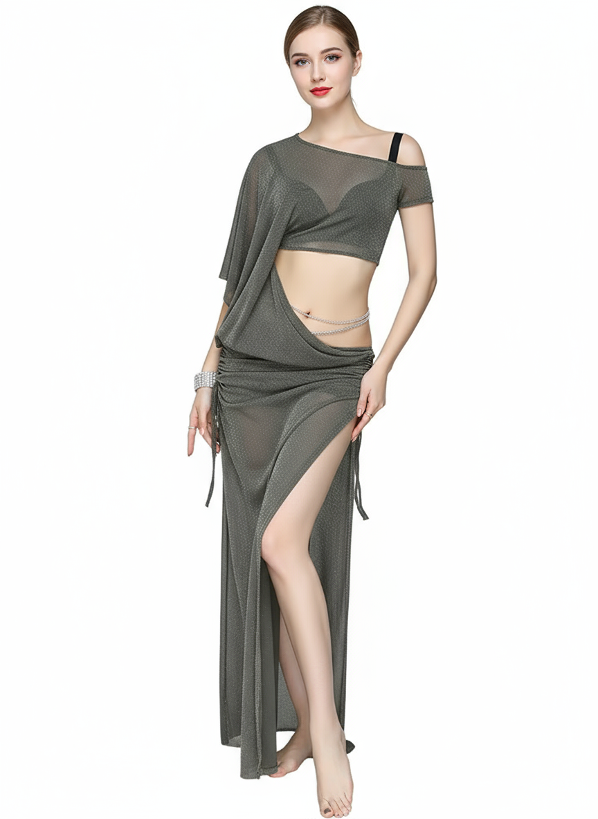 Women's Belly Dance Long Dress Costume With Short Sleeves For Performance