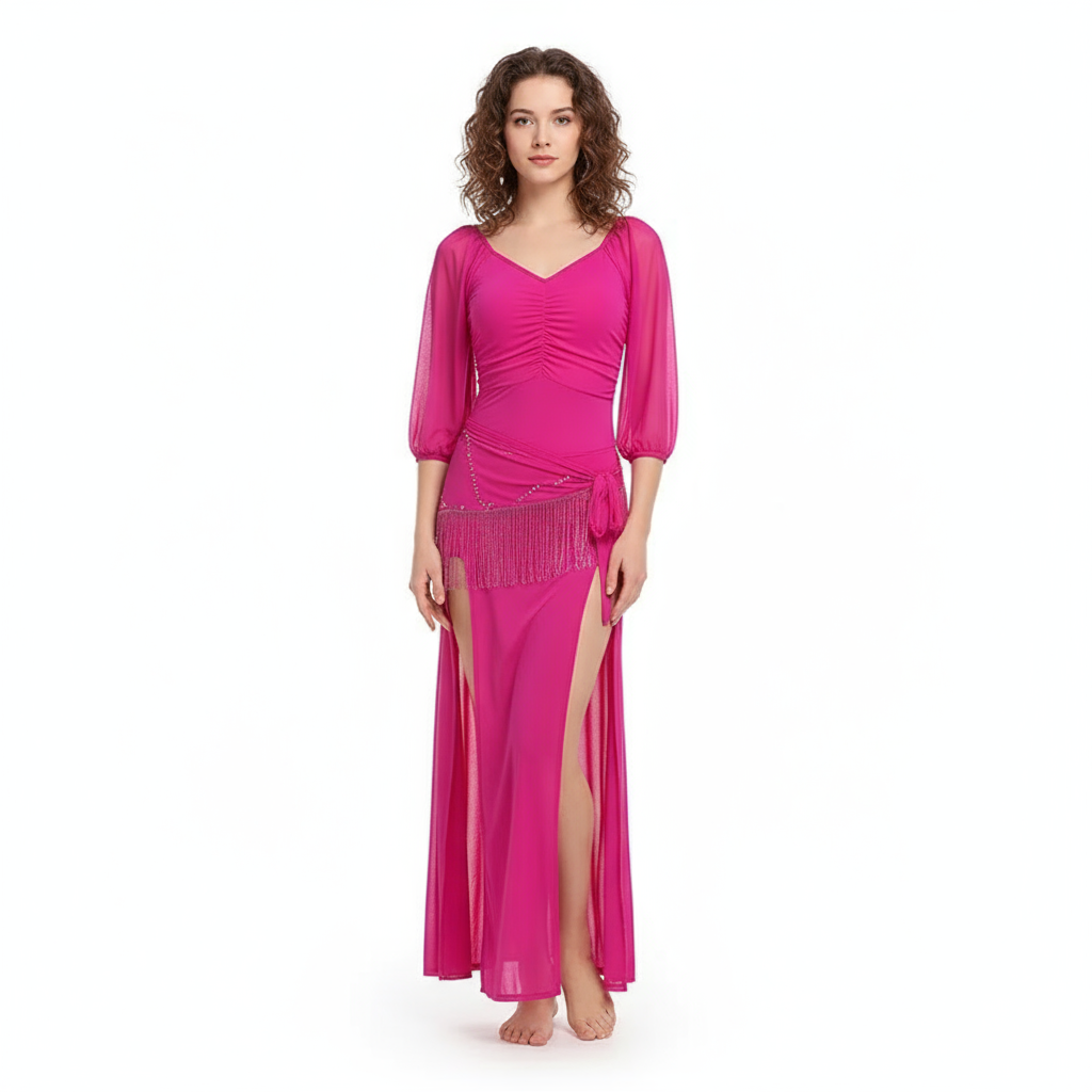 Women's Belly Dance Practice Dress Set With Tassel Belt In Breathable Mesh 2-Piece For Training