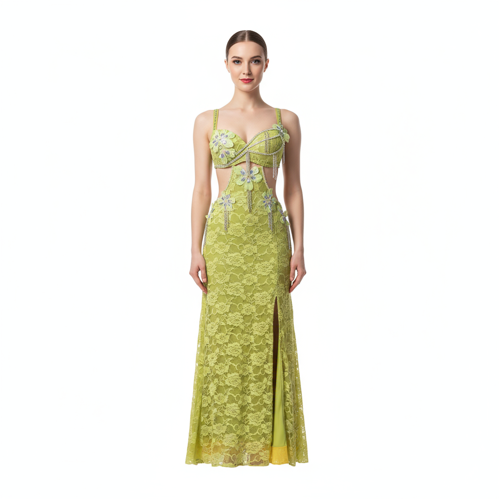 Women's Belly Dance Costume With Rhinestone Floral Tassels For Performance And Competition