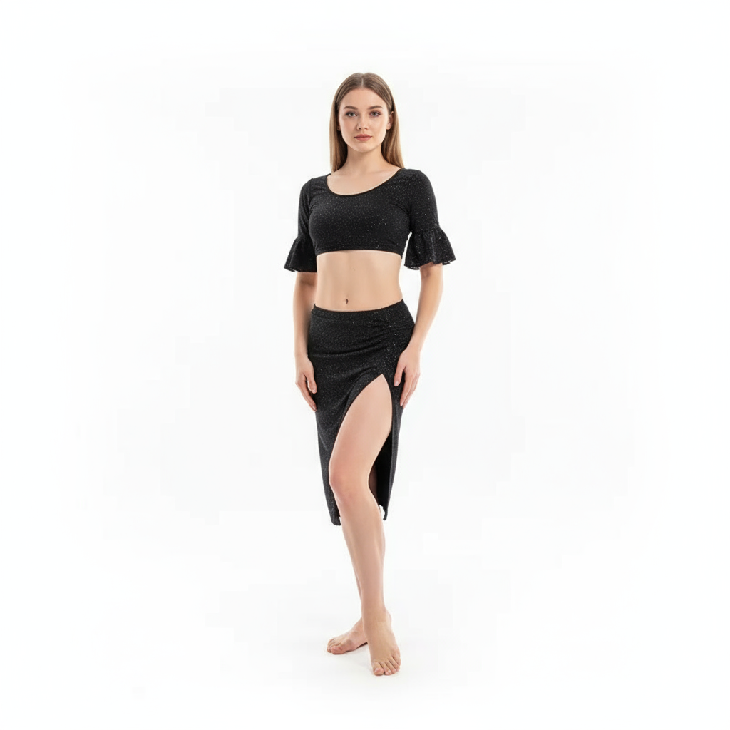 Women's Belly Dance Costume Set 2-Piece Flare Sleeve Top & Asymmetrical Short Skirt For Performance