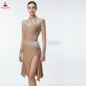 Latin Dance Dress With AB Rhinestones High Neck Long Sleeve For Women And Kids Cha-Cha Competition