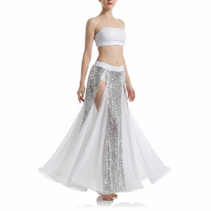 New Design Sequin Bellydancing Slit Long Skirts Sexy Belly Dance Dress Women Costume Training Dress Stage Performance Clothes