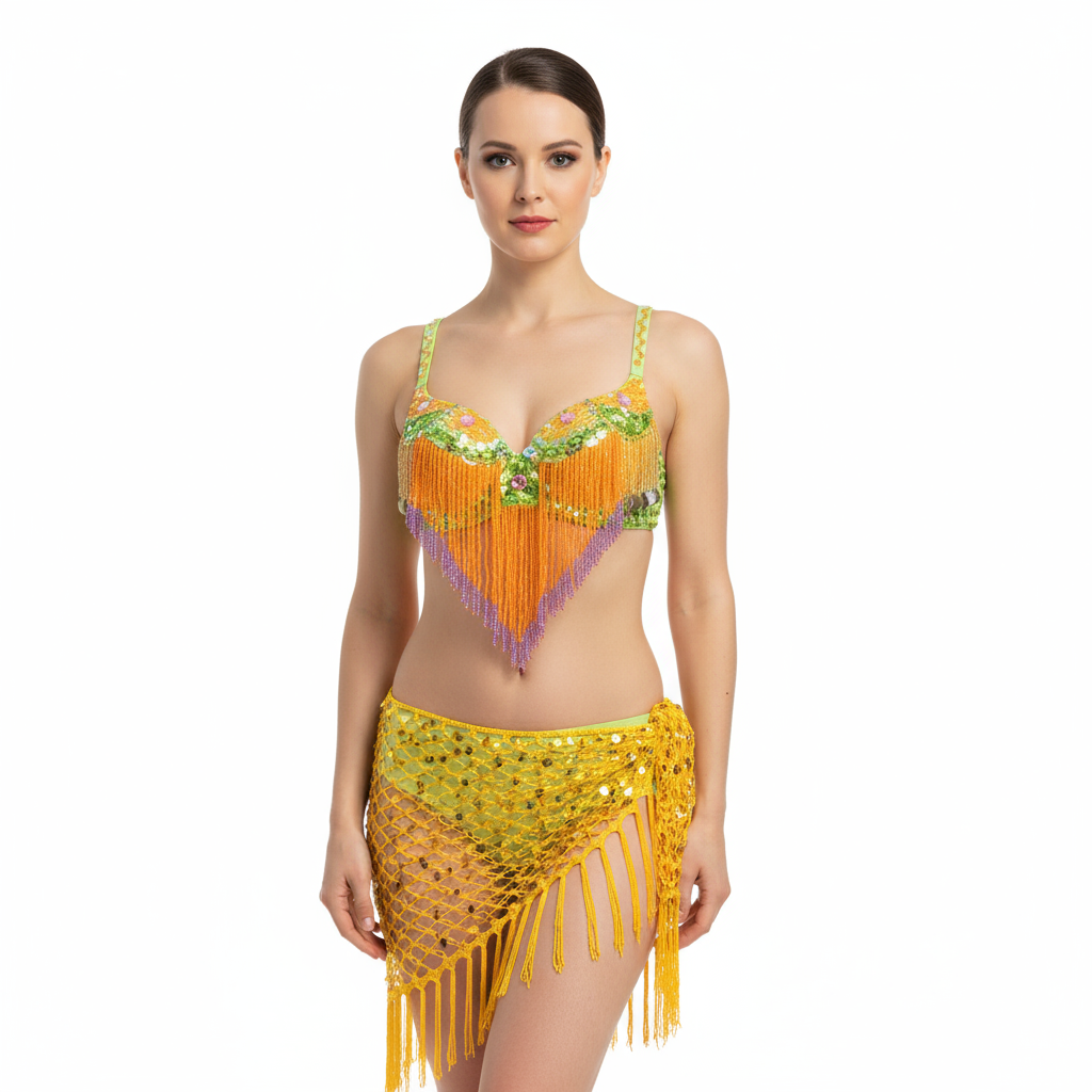 New Women Belly Dancing Suite Beaded Sequined Bra+ Long Tassel Hip Scarf 2PCS Set Samba Costumes Club Night Dance Wear N21007