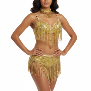 New Women's Belly Dance Set Sexy Carnival Costume Beaded Belly Dancing Clothes Sexy Night Bellydance Tops Chain BRA Belt T201 3pc/Set