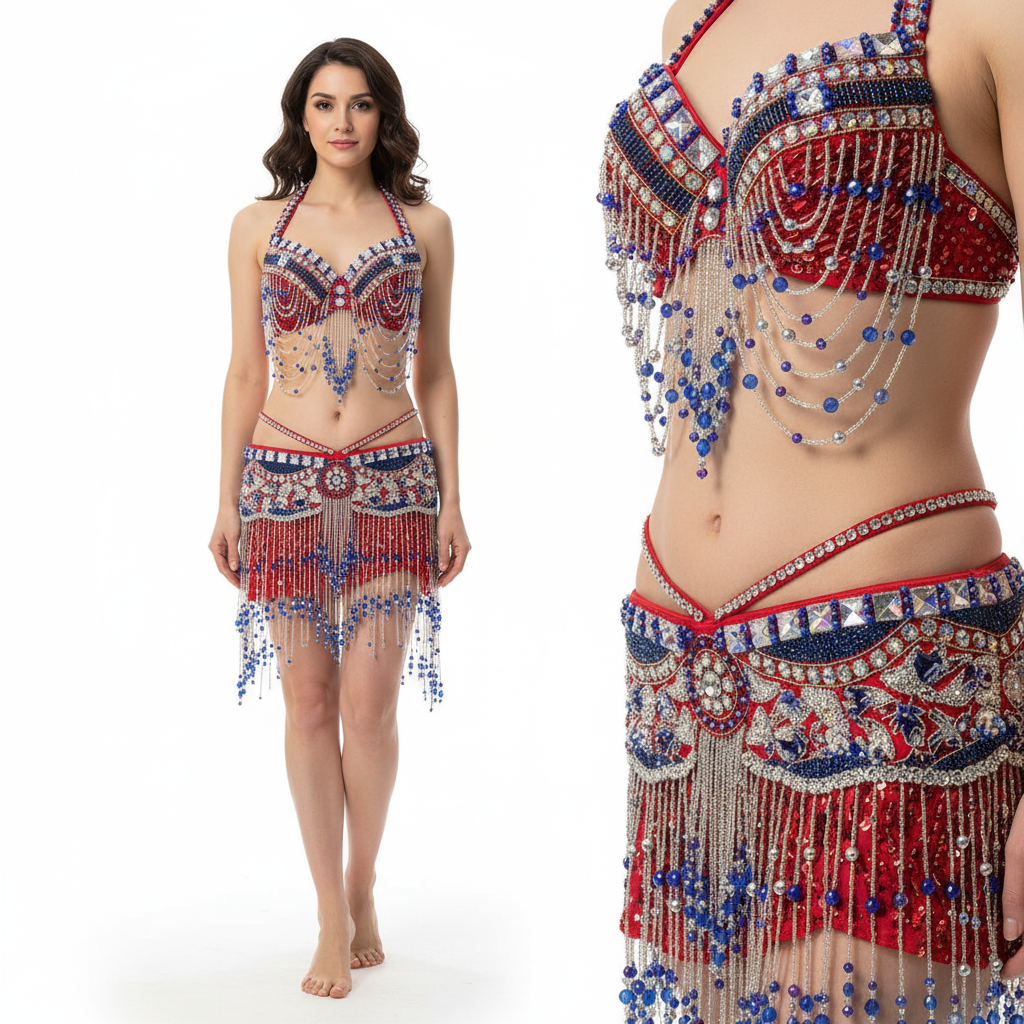 New Sexy Beaded Belly Dance Costume Women Tops Bra Chain Belt 2pc Set Night Dance Wear Tassel Belly Dancing Outfit Carnival Costume  N21024