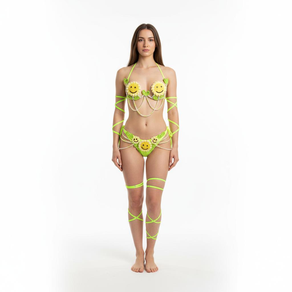 New Samba Carnival Handmade Wire Bra Smiling Sunflower Weaving Pattern With Panty  For Party,EDC Carnival