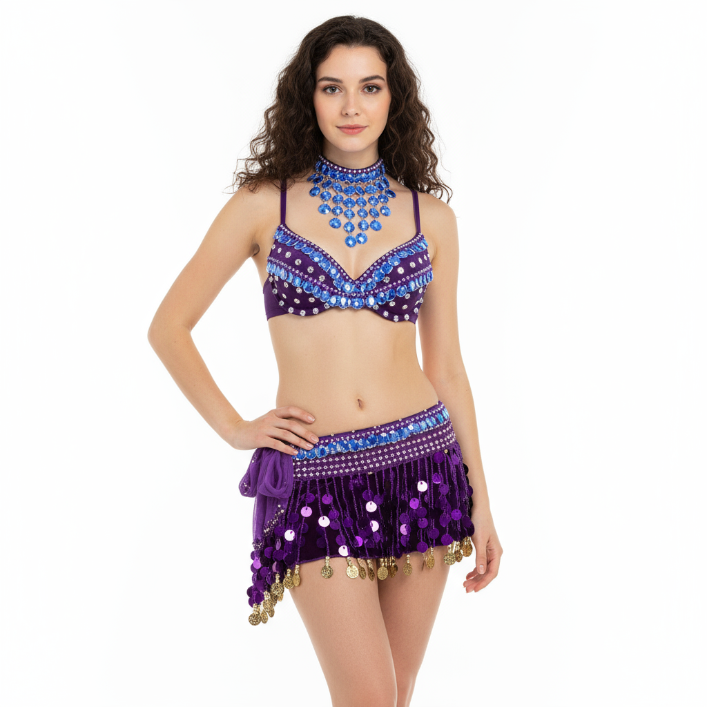 New Sexy Samba Belly Dance Costume for Women Hand Beaded sequins purple Color Bra and Scarf Necklace 3 pieces