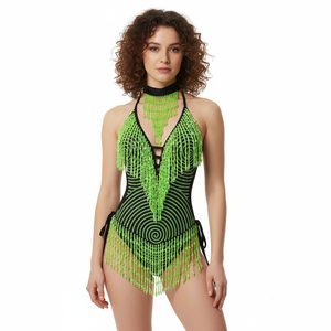 Sexy Tassel Sparkly Beading Sequin Bodysuit Festival Women's Costume EDC Party Nightclub Outfit Stage Performance Dance Clothing BS2101