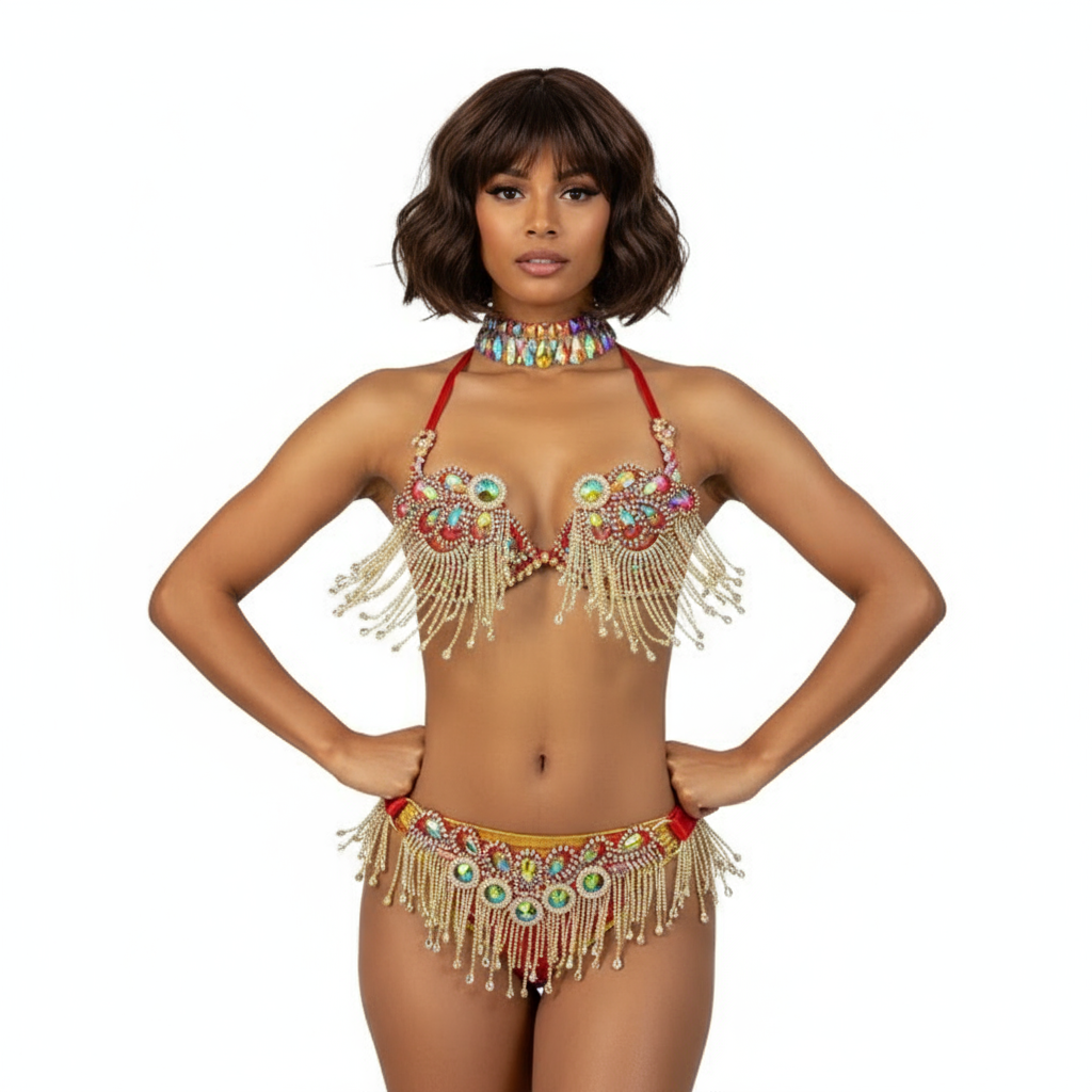 Samba Carnival  Wire Bra Belt And Panty Hand Beads Stones Cabaret Broadway Theater Mrdi Gras,Vegas Showgirl C053